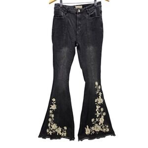 Chelsea & Violet Black Floral Embroidered Flare Bell Bottom Jeans Size 27